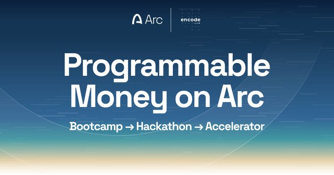 The image features a banner with a blue background that says "Programmable Money on Arc Bootcamp" at the top. Below this, there are three bullet points explaining what the boot camp is about. The first point states that the boot camp is focused on programming money on arc. The second point highlights that it's an accelerated program for those interested in learning how to code and develop financial applications using arc. Finally, the third point mentions that the bootcamp is designed specifically for native applications built with the Economic OS.