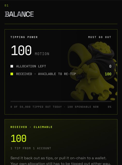 A digital "Balance" dashboard showing 100 MOTION tipping power with 100 received and available to re-tip, alongside a green character illustration. The image illustrates the post's instructions for joining a $MOTION tipping campaign, displaying the initial balance of 100 that participants have available to send out as tips.