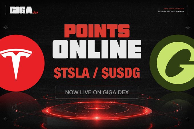 A promotional banner for 'POINTS ONLINE' on GIGA DEX featuring $TSLA / $USDG, with Tesla and G logos on either side.