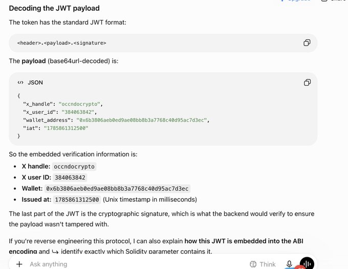 This image displays a decoded JWT payload containing "x_handle": "occdncrypto", "x_user_id": "384063842", and "wallet_address": "0x6b3806aeb0ed9ae08bb8b3a7768c40d95ac7d3ec", which directly relates to the accompanying post's denial of involvement with these details.