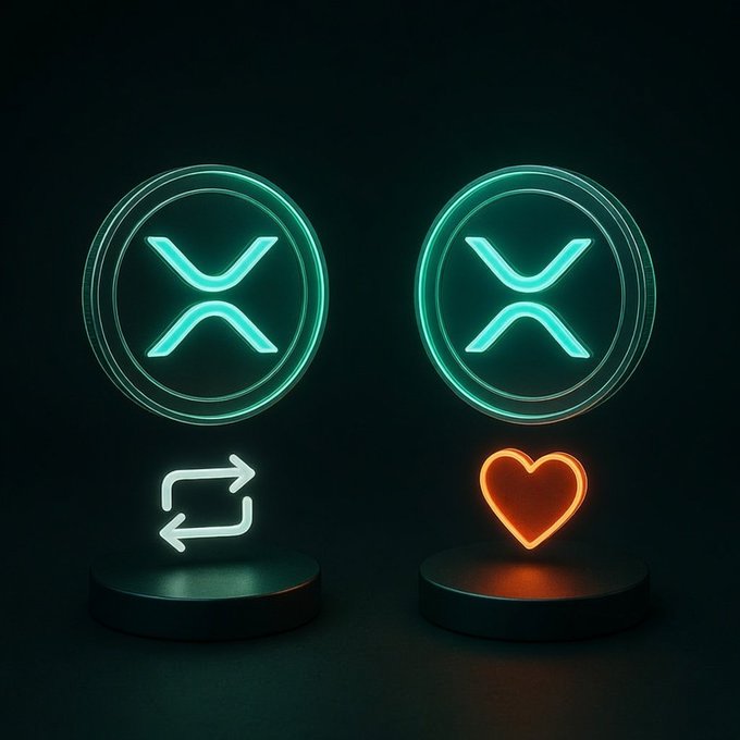 A glowing XRP logo appears alongside a swap/exchange icon, paired with another XRP logo and an orange heart on neon pedestals, symbolizing the choice between trading XRP and holding it with love for the community.