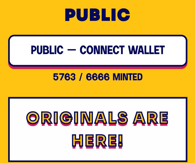 The image features two yellow signs with text written on them. The first sign reads "Public - Connect Wallet" while the second sign says "Originals Are Here!". Both signs are located at the bottom of a poster, which has a blue background. The text on these signs is related to an Appreciators'IO campaign that rewards creators based on their leaderboard performance. The top 20 creators receive a 10,000 $APE reward pool, while the Originals holders receive a 2x leaderboard multiplier.