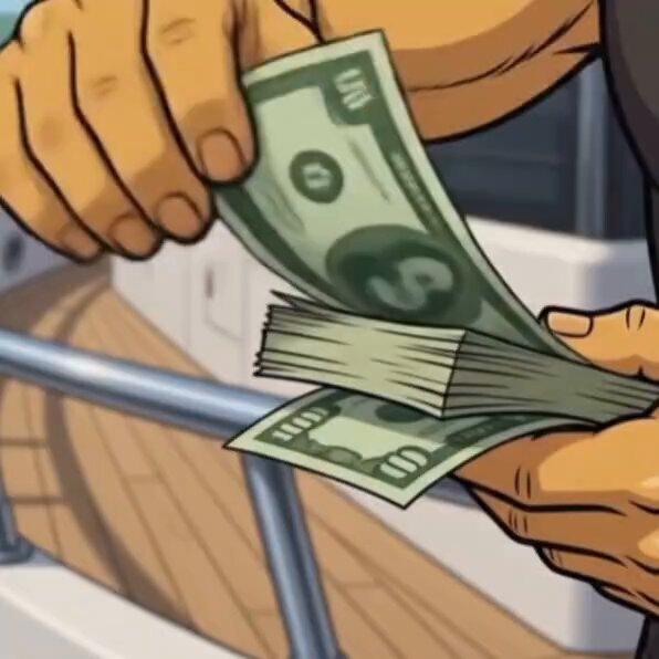 The image shows a person holding a stack of US dollar bills, possibly from a vending machine or ATM. The person's hands are open wide as they hold the money, ready for use. The surrounding environment appears to be a room with a metal railing in the background and a boat visible on the right side of the frame.