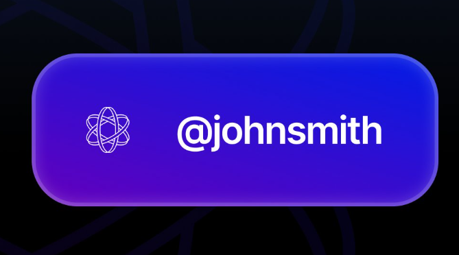 Purple button graphic displaying '@johnsmith' username with an atom/react-style logo next to it.