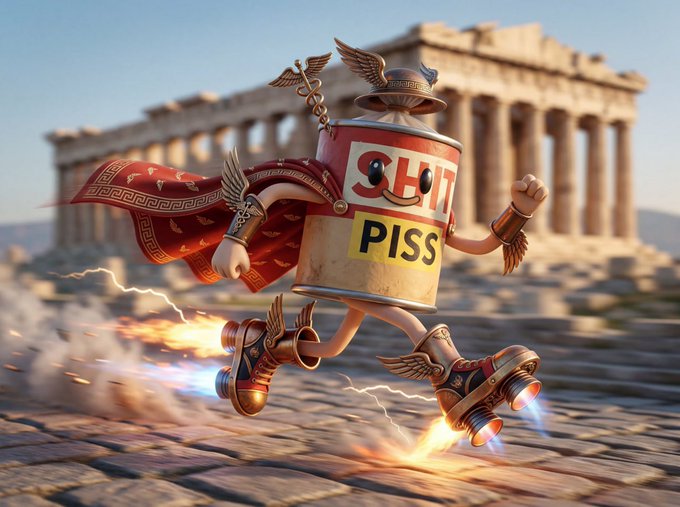 A stylized 3D illustration of an anthropomorphic spray can character with a red cape and winged helmet running with rocket boots in front of the Parthenon, labeled 'SHIT' and 'PISS'.