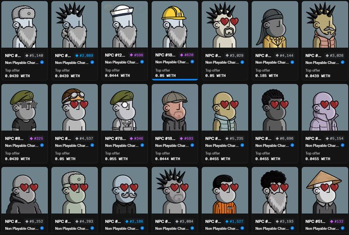 A grid display of CryptoPunk NFT collectibles, each labeled "Non Playable Char..." with various ETH price offers shown below each punk.