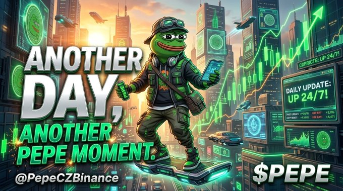 A vibrant Pepe the Frog-themed promotional image for the $PEPE cryptocurrency, featuring the text 'ANOTHER DAY, ANOTHER PEPE MOMENT' and showing a frog character in a futuristic city with green rising charts and 'CIPRICTS-UP 24/7!' displayed on screens.