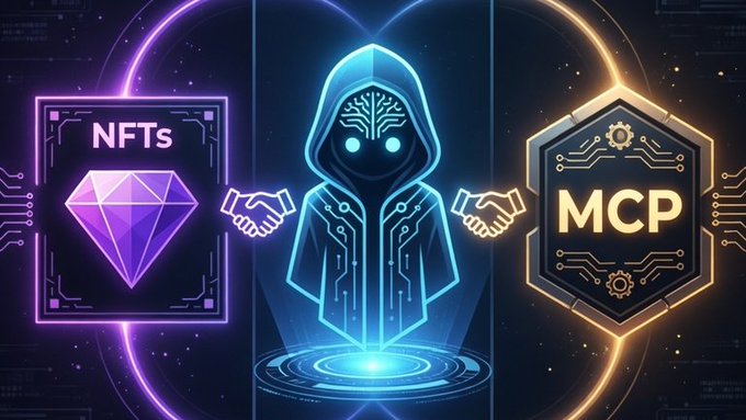 A neon-style graphic showing a hooded AI figure with glowing eyes shaking hands with both an 'NFTs' purple gem icon on the left and an 'MCP' gold shield icon on the right, symbolizing a partnership between AI, NFTs, and MCP.