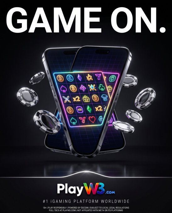 A 'Game On' advertisement for PlayW3.com showing a smartphone displaying colorful game icons surrounded by floating casino chips.