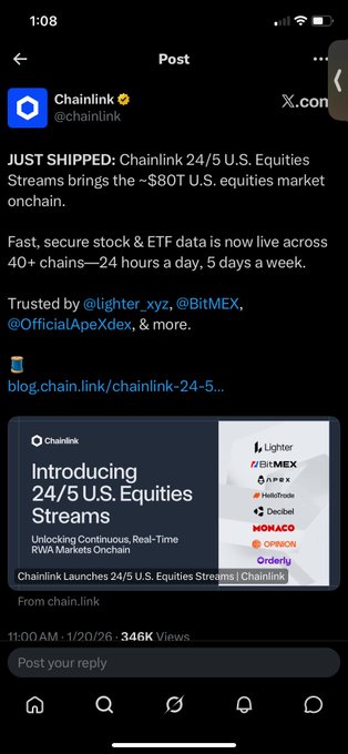 Chainlink (@chainlink) announces the launch of "24/5 U.S. Equities Streams," bringing approximately $80T of U.S. equities market data onchain across 40+ chains, supported by partners including Lighter, BitMEX, ApeX, and Hashflow. The announcement aligns with the post's news that the Chainlink DTCC partnership for 24/5 markets is set to begin tonight at 8 PM, marking a major milestone in real-time RWA market access.