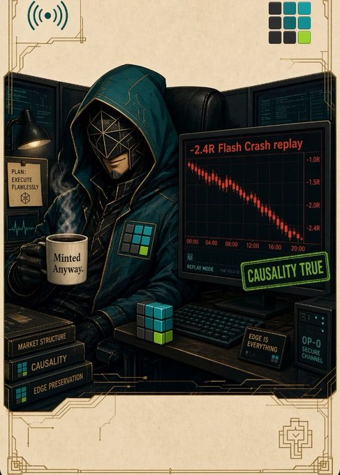 A hooded figure wearing a geometric mask sits calmly before a monitor displaying a "-2.4R Flash Crash replay" with a steep downward candlestick chart, sipping from a "Minted Anyway" coffee mug while a "CAUSALITY TRUE" stamp and "Edge Is Everything" placard appear nearby. The image visually embodies the post's theme of stoic trading discipline, where the operator remains composed during market carnage as the chart bleeds down to -2.4R, contrasting panicked retail traders with the operator's relaxed "minting" mindset.