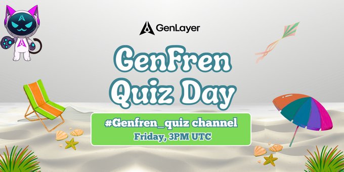 The image features a beach scene with chairs, umbrellas, and various sea shells scattered throughout. The text "Genfren Quiz Day" is displayed at the top of the image, indicating that today is Genfren Quiz Day. A cartoon cat character can be seen in the background, adding a fun and lighthearted touch to the scene.
