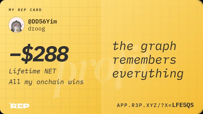 A yellow 'MY REP CARD' for user @DD56Yim showing a lifetime NET of -$288 with the tagline 'the graph remembers everything' and an app link APP.R3P.XYZ/?x=LFt5Qs.