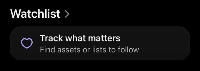 A dark-themed "Watchlist" interface with the heading and a prompt to "Track what matters / Find assets or lists to follow," accompanied by a purple heart icon. The image directly ties to the post's call for users to share what's on their Phantom watchlist this weekend, illustrating the empty state users see when starting their watchlist.