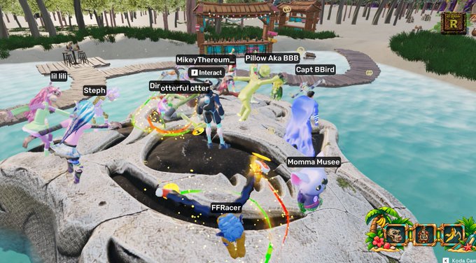 A screenshot from a video game showing various colorful character avatars (named MikeyThereum, Pillow Aka BBB, Capt BBird, etc.) gathered in a circular water feature at a tropical resort location.