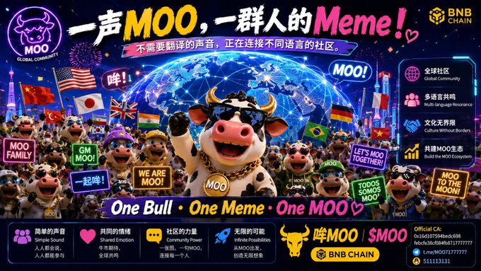 A colorful meme-style banner for a BNB Chain project called 'MOO' featuring cow characters with sunglasses and chains, displaying the slogan 'One Bull · One Meme · One MOO' alongside contract addresses '0x1dd10759ebdc698' and '1mooMOO71777777'.