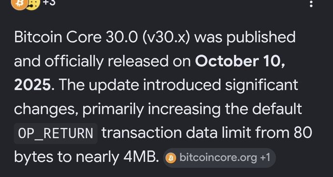 A Discord message screenshot announces Bitcoin Core 30.0's release on October 10, 2025, highlighting the increase of the default OP_RETURN transaction data limit from 80 bytes to nearly 4MB, which the poster links to as the start of the current bear market.