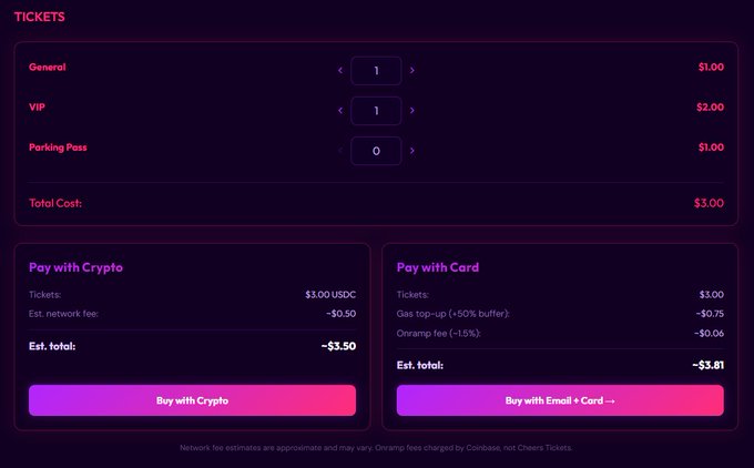 A dark-themed ticket purchasing interface showing options for 'General' ($1.00), 'VIP' ($2.00), and 'Parking Pass' ($1.00), with a total cost of $3.00 and payment options to 'Pay with Crypto' (~$3.50) or 'Pay with Card' (~$3.81).