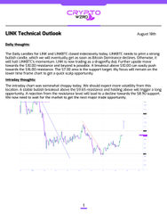 A LINK Technical Outlook document dated August 1996 featuring a price chart for LINK (likely a stock ticker, not Chainlink crypto). The text notes the security needs to get above $41 resistance for the next major trade opportunity.