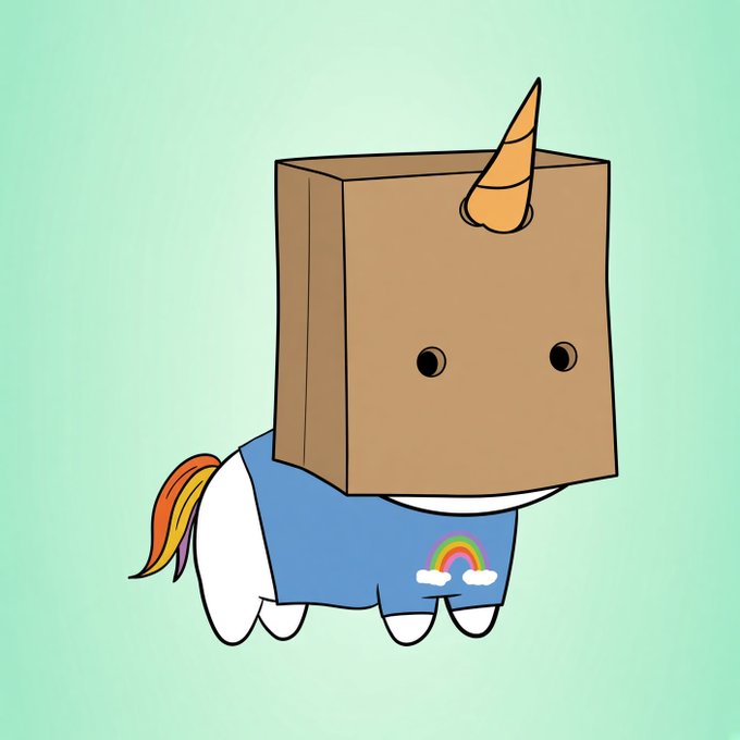 Cartoon illustration of a cute unicorn character wearing a blue shirt with a rainbow design, with a brown paper bag featuring a unicorn horn covering its head.