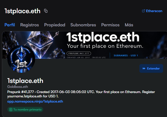 A screenshot of an Etherscan profile page for "1stplace.eth," a Goldboss.eth subname registered for USD 1, showing it as "Your first place on Ethereum."