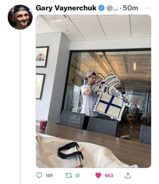 A screenshot of a Gary Vaynerchuk (@_...) post showing a man in a baseball cap holding a large backpack outside a glass-walled office, with 101 comments, 51 retweets, and 663 likes.