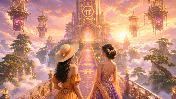 Two women in elaborate dresses walk across a grand bridge toward a glowing castle in the clouds, featuring 'PI NETWORK' branding.