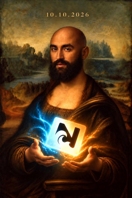 A bearded, bald figure in Renaissance-style robes holds a glowing cube emblazoned with an "N" logo, evoking a Mona Lisa parody, with the date "10.10.2026" displayed at the top—visualizing the post's teaser about the upcoming "Noah movement."
