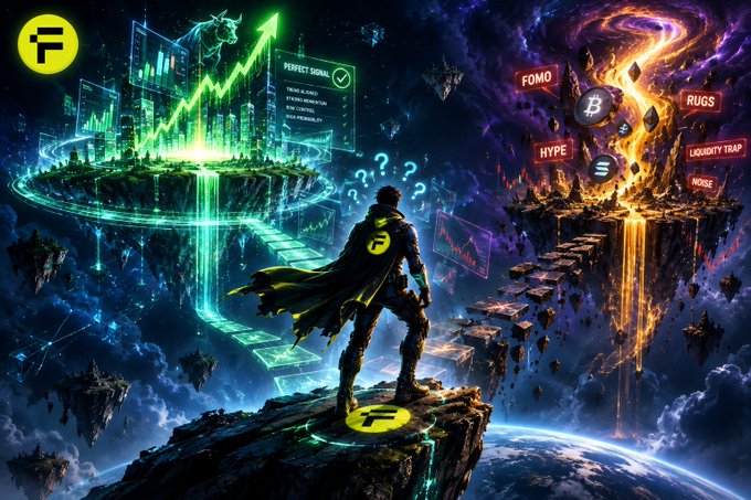A fantasy digital artwork showing a cloaked figure with a glowing 'F' logo standing between two floating islands—one green and prosperous labeled 'PERFECT SIGNAL' with rising charts, and one dark and chaotic labeled 'FOMO', 'HYPE', 'RUGS', 'LIQUIDITY TRAP', and 'NOISE'.