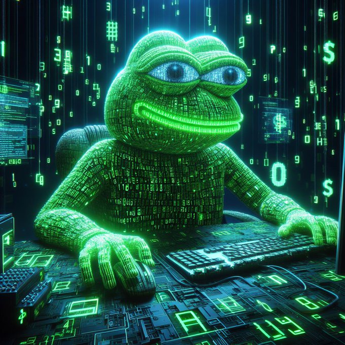 A digital artwork of a green glowing frog character made of code, typing on a keyboard with cascading digital numbers and symbols in the background.