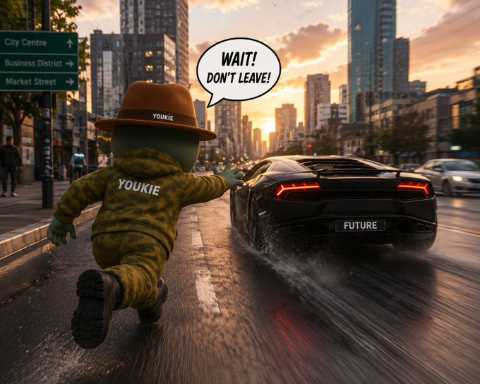 A green “YOUKIE” figure in a hat runs after a black “FUTURE” sports car on a rain‑slick city street, shouting “WAIT! DON’T LEAVE!”—the scene visualizes how, even when you keep showing up and build something good, a broken system can make your work invisible, underscoring the need for Nucleus.