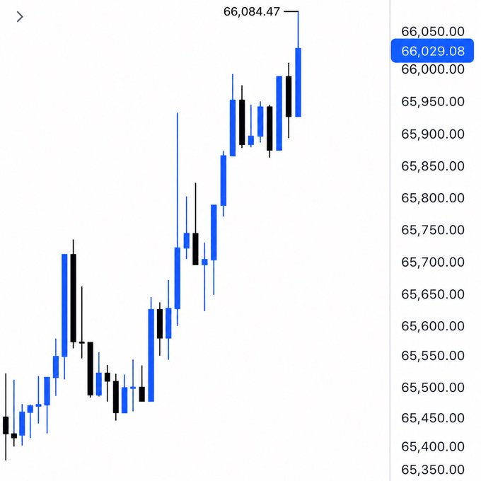 A candlestick chart showing Bitcoin's price climbing to a peak of $66,084.47, with the current price highlighted at $66,029.08 on the right-side scale, visually confirming the breakout above the $66,000 level mentioned in the post about $BTC reclaiming this key psychological threshold.