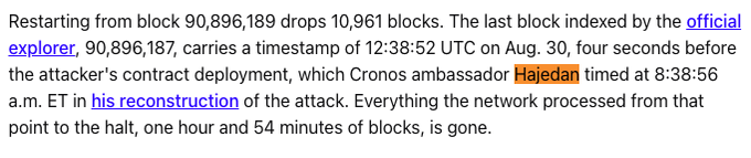 A text excerpt discussing a blockchain attack, mentioning that restarting from block 90,896,189 drops 10,961 blocks, referencing the official explorer, a timestamp of 12:38:52 UTC on Aug. 30, and Cronos ambassador Hajedan's reconstruction of the attack timed at 8:38:56 a.m. ET.