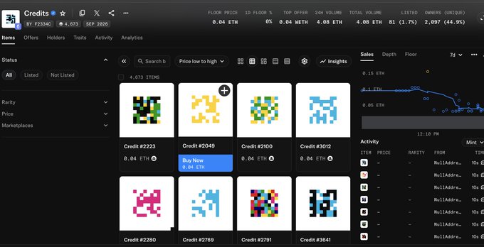 A dark-mode screenshot of an NFT marketplace showing a collection called 'Credits' with various pixelated alien artwork items priced in ETH.
