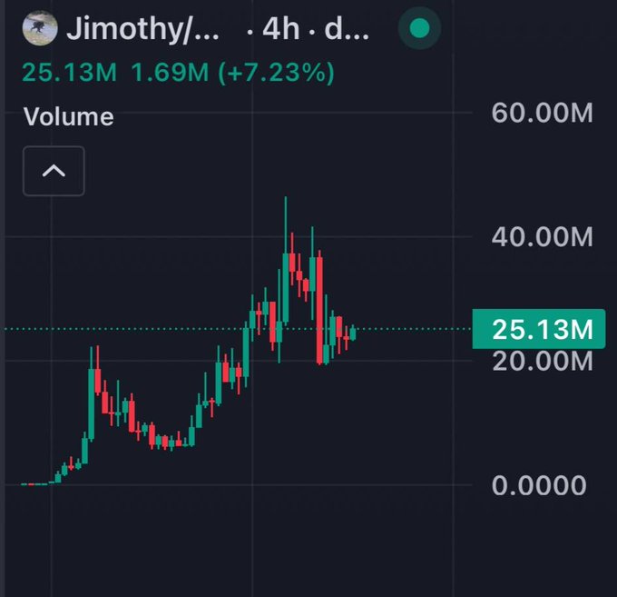 A trading chart labeled 'Jimothy/...' showing a price of 25.13M with a +7.23% change on a 4-hour timeframe.