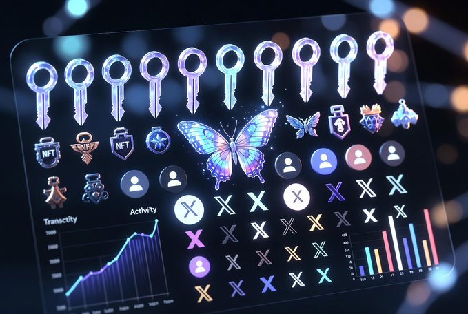 The image features a transparent card with various keychains and icons representing different aspects of the NFT world. These include symbols for trading, web3, and social media. The keychains are arranged in rows, showcasing their unique designs and colors. The text on the image provides information about these keychains, such as how to earn them or what they represent within the NFT community.