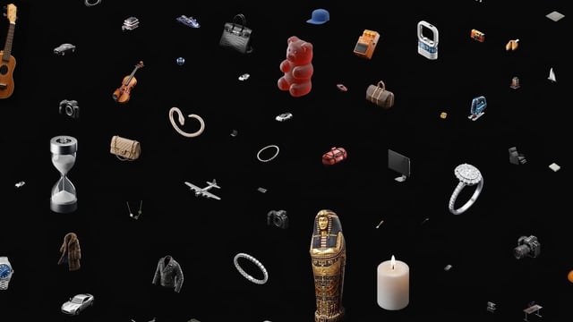 The image features an assortment of objects scattered across a black background, including a teddy bear, a clock, a suitcase, a guitar, a candle, a ring, a book, a camera, and other items such as a handbag and a backpack. The text in the image reads "We hid 10 Easter eggs on Trillions. Find one, win a Polygon swag box." This suggests that there are hidden objects or clues within the image related to an Easter egg hunt, with participants trying to find all of them to win a prize.