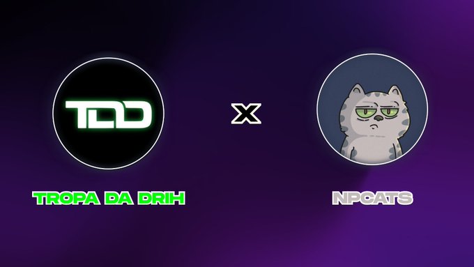A purple promotional graphic showing a collaboration between 'TROPA DA BRIH' (TDD logo) and 'NPCATS' (cat logo) with an 'x' between them.