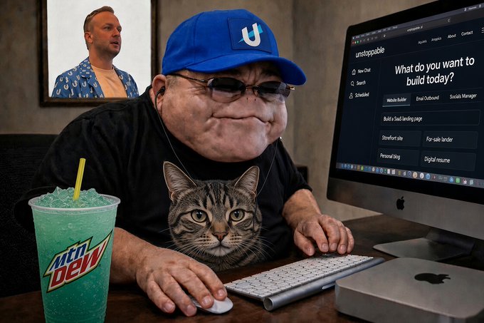 A man wearing a blue 'U' cap and a cat t-shirt sits at a Mac computer showing the unstoppabledomains site, with a Mountain Dew drink nearby and a framed photo on the wall.