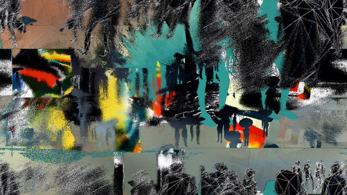 The image features a large, abstract painting with various shades of blue, green, red, black, white, and orange colors. The artwork appears to be a collage or mixed media piece that incorporates elements from different sources. The painting is displayed on a canvas, which is placed against a gray background. The post in the image has been tagged @shape via @opensea, indicating that it was likely created by an artist who used this platform for sharing their work.