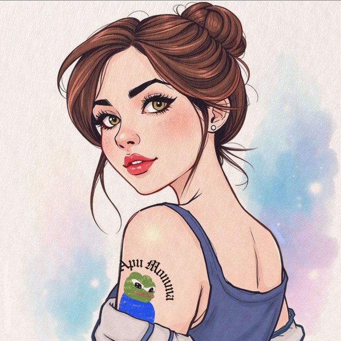 An anime-style watercolor illustration of a young woman with brown hair in a bun, wearing a blue tank top, with a Pepe the Frog tattoo on her upper arm that reads 'Apu Mayuri'.