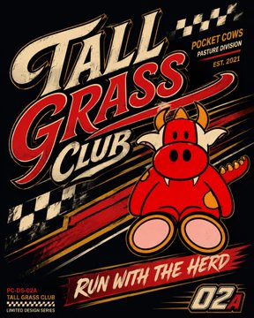 A retro-style poster for "TALL GRASS CLUB" featuring a cartoon devil character with "POCKET COWS PASTURE EDITION EST. 2023" and "RUN WITH THE HERD 02/4" text.