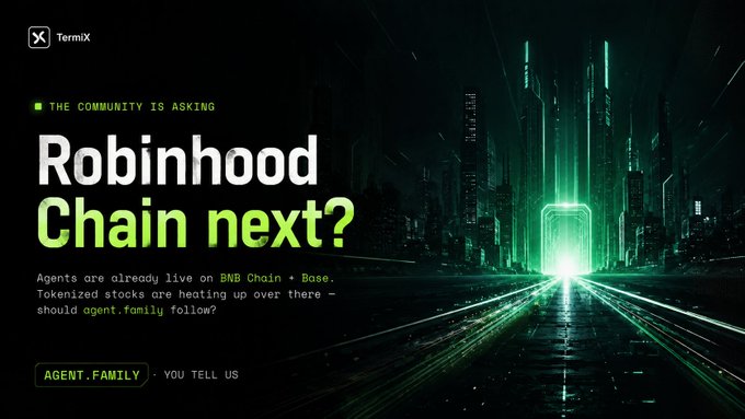 A dark, futuristic promotional graphic asks 'Robinhood Chain next?' noting 'THE COMMUNITY IS ASKING' and mentioning agents are live on BNB Chain and Base, with a prompt for 'AGENT.FAMILY' input from TermiX.