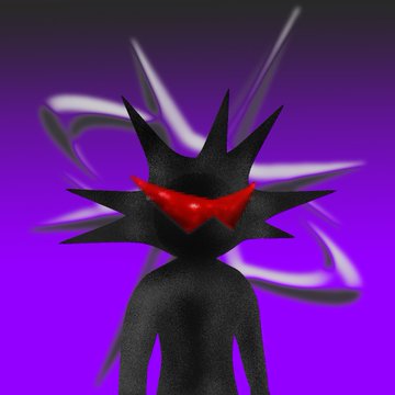 A 3D-rendered black spiky figure with red heart-shaped sunglasses stands against a bright purple background with white starburst shapes.