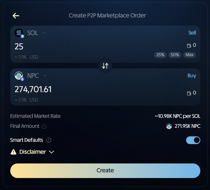 A cryptocurrency trading interface showing a 'Create P2P Marketplace Order' screen for selling 25 SOL to buy 274,701.61 NPC, with Smart Defaults enabled and a Create button.
