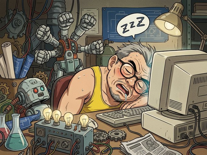 A cartoon illustration of an exhausted man in a yellow tank top drooling while sleeping at a desk with a 'ZZZ' speech bubble, surrounded by a robot, lightbulbs, and scientific equipment.