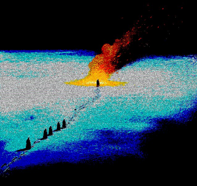 The image features a painting of a group of people walking along a path, with an orange flame coming out of the top right corner. The painting has a blue background that contrasts with the warm tones of the flame. The artist's signature can be seen in the bottom left corner. The caption at the bottom of the post reads: "gm frens ̷C̷r̶d̶̶̶̶̶̶̶̶̶̶̶̶̶̶̶̶̶̶̶̶̶̶̶̶̶̶̶̶̶̶̶