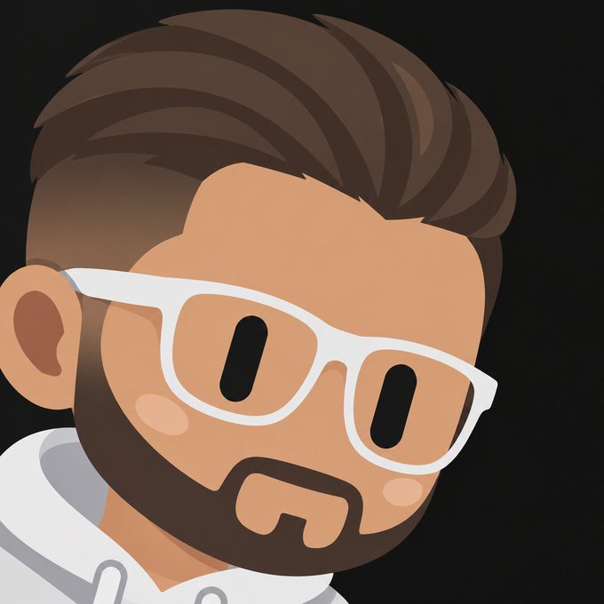 A digital illustration shows a cartoon man with brown hair, a beard, white-rimmed glasses, and a white hoodie against a dark background.