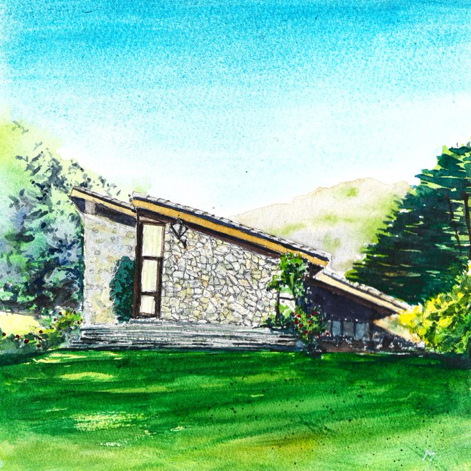 A watercolor painting depicting a stone house with a slanted roof, a wooden door, and steps leading up to it, set in a grassy landscape with trees and mountains under a blue sky.
