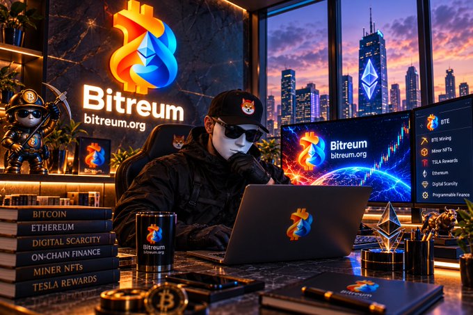 A digital artwork depicting a person in sunglasses and a cap at a desk surrounded by crypto branding for 'Bitreum (bitreum.org),' featuring Bitcoin, Ethereum, NFTs, and multiple monitors showing trading charts.